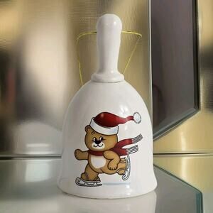 Vintage Christmas Bell Ornament Porcelain Bear Ice Skating Santa Hat Red Scarf